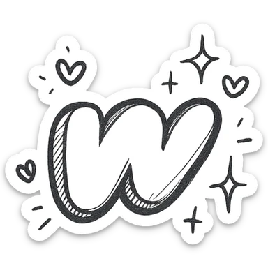 plump hand-drawn Wattpad logo 'w' with bold outline, expressive shadows and highlights, decorated with sparkles and floating hearts around the logo, no background sticker