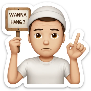 A man holding a sign that says “wanna hang? Wanna chill?” While looking pouty sticker