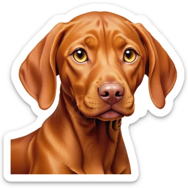 Cinematic Cute Vizsla Portrait Emoji, Head tilted playfully and inquisitively, featuring a sleek rust and gold Fur with a natural sheen, round, sparkling amber eyes filled with curiosity, Simplified yet irresistibly adorable features, highly detailed, glowing with a warm, friendly glow, high shine, affectionate and spirited, stylized with a touch of whimsy, bright and endearing, soft glowing outline, capturing the essence of a mischievous yet loving companion, so playful it feels like it could dash out of the screen and into your arms! sticker