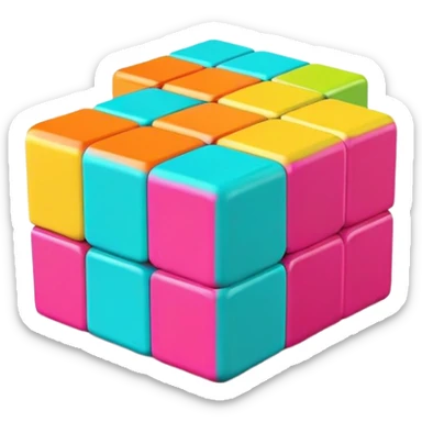 A 3x3 Rubik's Cube with vibrant tropical colors: bright turquoise, hot magenta, lime green, sunshine yellow, coral orange, vibrant aqua, minimalist iOS emoji style sticker