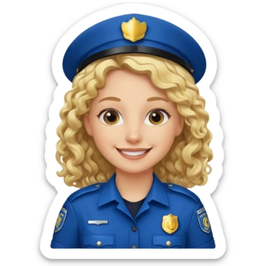 Female POLICE IN blue, long blonde curly hair, happy smile sticker
