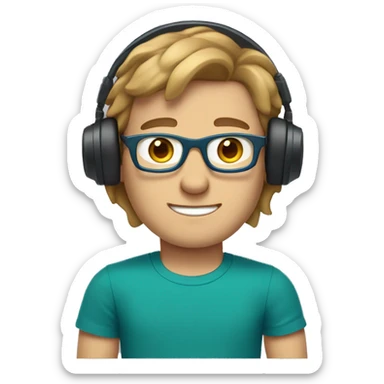 white young man light brown hair square glasses blue eyes wearing green t-shirt with laptop and headphones sticker