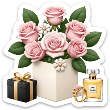 Cute white aesthetic emoji stickers set, including roses bouquet, engagement ring box, envelope with flowers, Chanel perfume, 3D render, glossy texture, delicate details, minimalist background, sticker style,  sticker