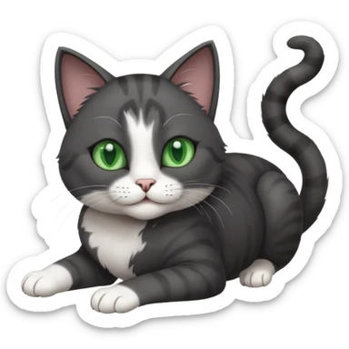 beautiful female solid dark grey cat with green eyes, white toes/paws and white patch on her chest playfully rolling upside down sticker