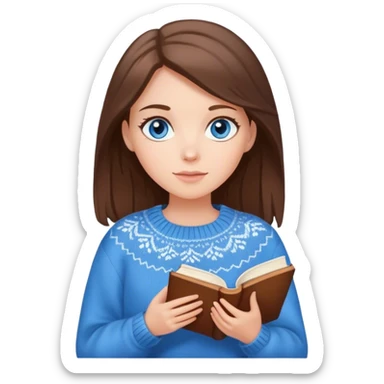 White girl brunette with blue eyes in a cozy sweater holding a book sticker