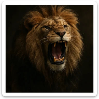 a big, fierce male lion, roaring, hyper-realistic, dramatic lighting, detailed fur sticker