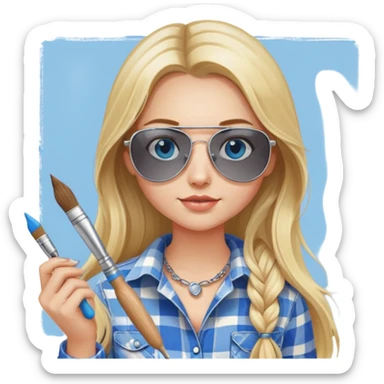 girl with long blond hair, wearing plaid shirt with blue eyes and aviator sunglasses wearing a ring on her silver necklace, holding a paintbrush roller sticker