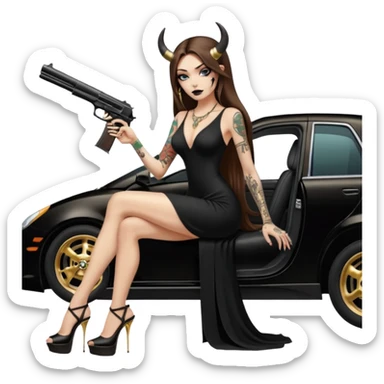 Sensual woman long brown straight haired sexy drug lord woman with tattoos on arm sleeves and black thick butt platform high heels on her feet, and devil black horns on her head, she is holding a skull head and a gun. Sitting on gold car full of cash , long black dress with sexy slit sticker
