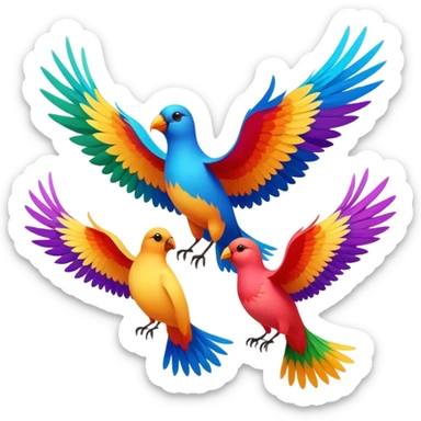 Three colorful birds flying together in the sky, each with vibrant feathers, wings spread wide, moving in harmony and creating a lively, joyful scene sticker