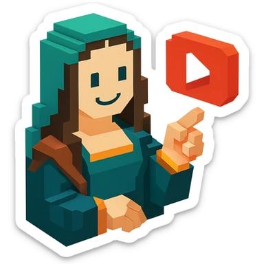 voxel-style Mona Lisa smiling and pointing at a floating YouTube play button, isometric view sticker