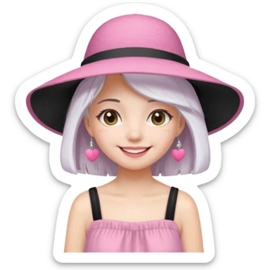 Girl in pink dress and sunhat smiling, black 2 string dress, white hair sticker