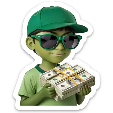 A boy holding a bunch of cash sticker