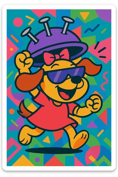 Add a vibrant, colorful background behind the cartoon puppy girl lifting a nail hat, wearing half purple sunglasses, cheerful and energetic. Keep the fun, expressive cartoon style. sticker