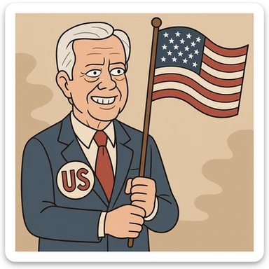 US President Carter  wearing a blue suit with a large US badge on his chest holding an American Flag sticker