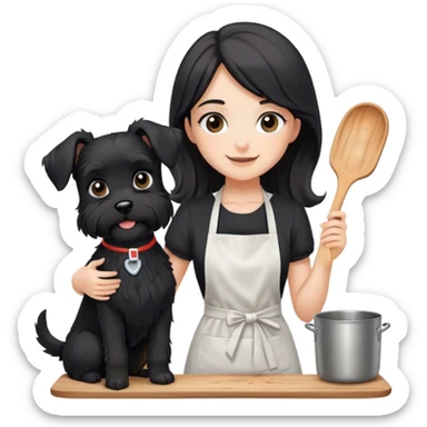 pale smiling girl baking with long back hair wearing black long shirt wearing apron holding black  schnauzer sticker