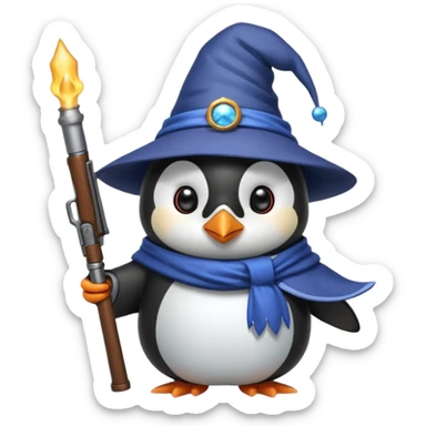 A cute penguin funny with a wizard hat, and a shotgun sticker