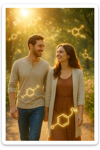 a smiling man and woman walk together along a sunlit park path, surrounded by green trees and blooming flowers. Sunbeams gently illuminate their faces, and subtle, glowing dopamine symbols float around them, symbolizing natural, healthy pleasure. The mood is uplifting and serene. sticker