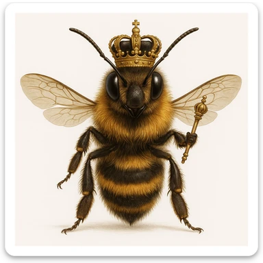 realistic illustration of a king bee, full body, majestic, with a small scepter, detailed fur, white background sticker