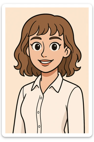 cartoonish AI avatar of a young woman, age 22, brown eyes, light brown shoulder-length hair with gentle curls and bangs, light makeup, in a white dress shirt sticker