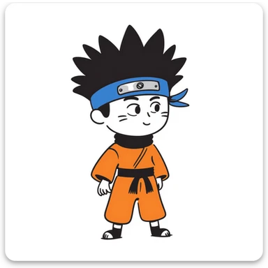 A blonde ninja boy with spiky hair, whisker marks on cheeks, orange outfit, and blue headband with metal plate sticker