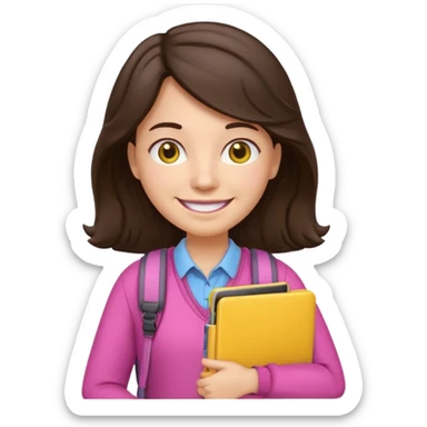 Teacher emoji but : wavy dark brown hair, light western skin, no glasses, dark eyes, with a computer folder in the hand (color is yellow), being a teacher, wearing pink backpack, smile with teeth





 sticker