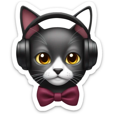 a black cat wearing burgundy headphones with a white bow sticker