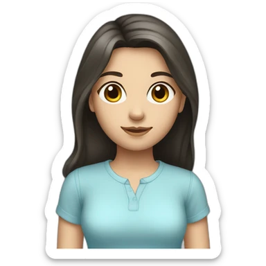 Caucasian girl, long dark hair, light blue shirt sticker