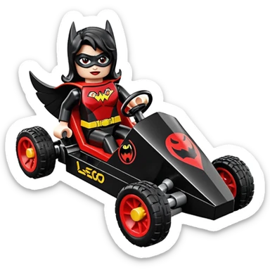 Hot full size real size-appearance electric road racing sexy BatWoman’s feminine midnight-colored tight outfit sixty’s tv show Lego dark stealthy sporty safe plush deluxe off-road pursuit cruiser car rose gold accents (black hair,reclined and relaxed torso and shoulders seating position) go kart  sticker