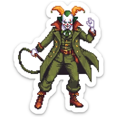 evil clown soldier, bald, small black horns on forehead, fangs, pointed ears, eye patch over one eye, long coat over black and military green clothes with bellbottom pants, tail, holding a different style of whip, realistically proportioned, less bulky, full body, fighting stance sticker