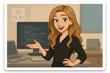 Disney cartoon style European woman, dark blonde long beach wavy hair, green eyes, smiling, black long-sleeved blouse, no chain, no glasses, business setting, software developer, teaching behavior sticker