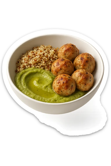 bowl bianca fluttua in aria con polpette di tacchino, purè di zucchine, quinoa e olio di oliva, iperrealistico 4k sticker