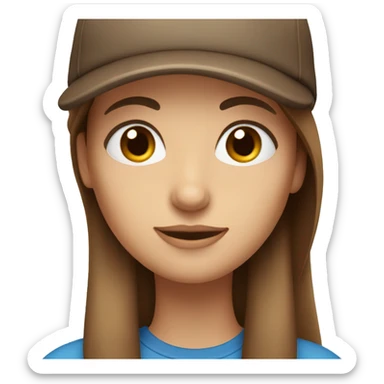 lady with blue eyes and brown long straight hair and a cap sticker