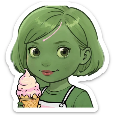 A little blonde girl with a bob holding ice cream sticker