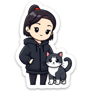 Young woman in black clothes with a Chinese domestic cat sticker