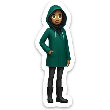 a skinny woman wearing a dark-green raincoat and black pants and dark-blue rainboots sticker