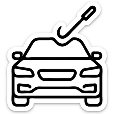 outlined icon of a premium black car, subtle hook tool at a dent, matte black look, fine silver lines, simple and clean sticker