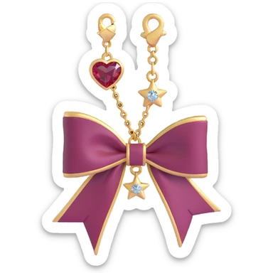 Add a tiny dangling heart charm, a delicate chain, and a small star pin to the 3D burgundy bow with gold trim and sparkling jewel. Keep the 3D emoji style exactly as is, with no background. sticker
