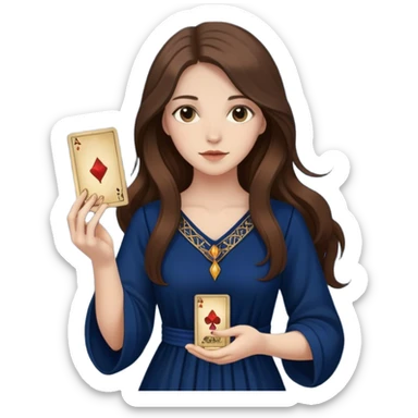 A girl with long hair, in a dark blue dress holds tarot cards in her hands sticker