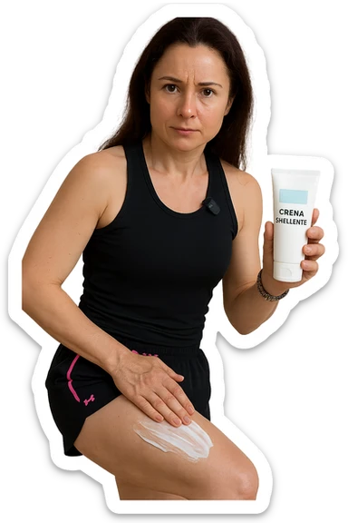 Donna con cellulite sulle cosce che usa una crema chiamata "Crema snellente" sticker