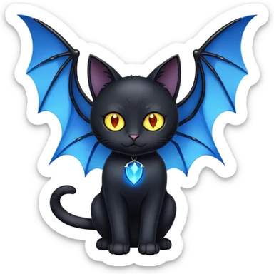 black cat with blue bat wings and glowing yellow eyes sticker
