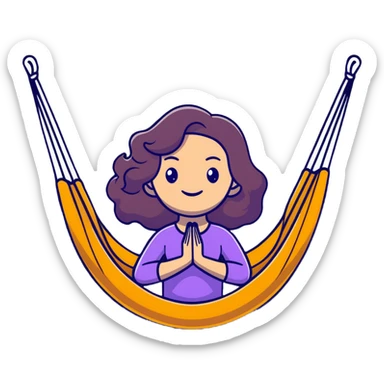 cartoon emoji of a dreamy girl with wavy hair, strong outline, expressive face, pastel colors, subtle Pisces accent, gentle smile, hint of yoga hammock, cosmic motifs, sweet and sensitive sticker