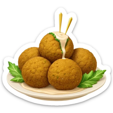 Cinematic Realistic Falafel Dish Emoji, depicted as crispy, golden falafel balls served with tahini sauce rendered with lifelike textures and vibrant, appetizing lighting. sticker