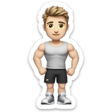 Full height Pale skinned fit man With biceps and brown Short Tousled hair In dark gray sleeveless mike, black oversize sports shorts, watch and white sneakers. his arms crossed over his chest sticker