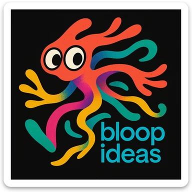abstract mascot for a black website, playful and energetic, expressive eyes and flowing forms to show thinking and movement, bright lively palette, creative tech portfolio, includes tagline 'bloop ideas' sticker
