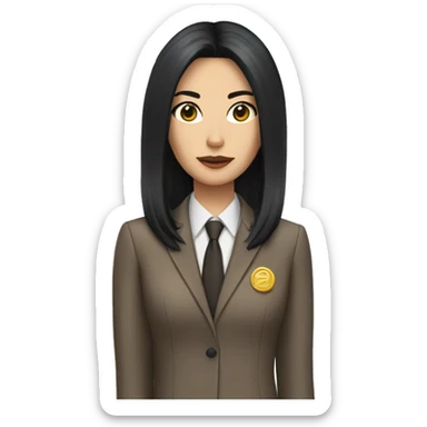 Female defense attorney with long black hair with brown suit sticker
