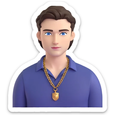 handsome male with intense blue-grey eyes, chiseled features, pale skin, confident smirk, dark brown styled hair, baddie energy, gold chain, stylish fitted shirt sticker