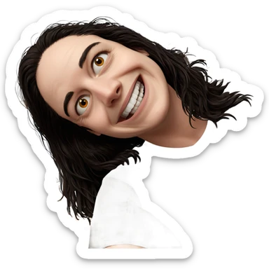 smiling horror indoors with window sticker