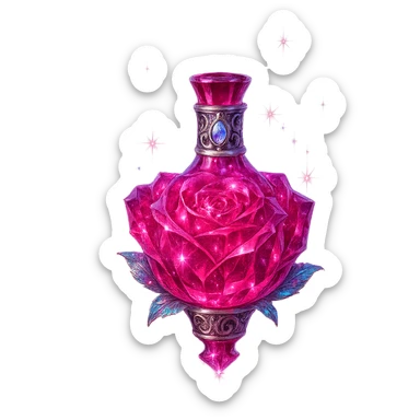 luxurious crystal elixir bottle in rose flower shape, deep pink color, ornate silver and iridescent details, ultra intense magical glowing and sparkling effects, very small neck, seamless bottom, bottle clearly floating in air, no base or shadow, modern, collection style sticker