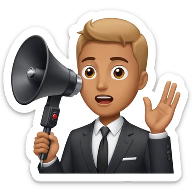 A man in a suit speaks into a loudspeaker sticker