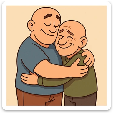 two bald men of different heights hugging, cartoon style, expressive faces sticker